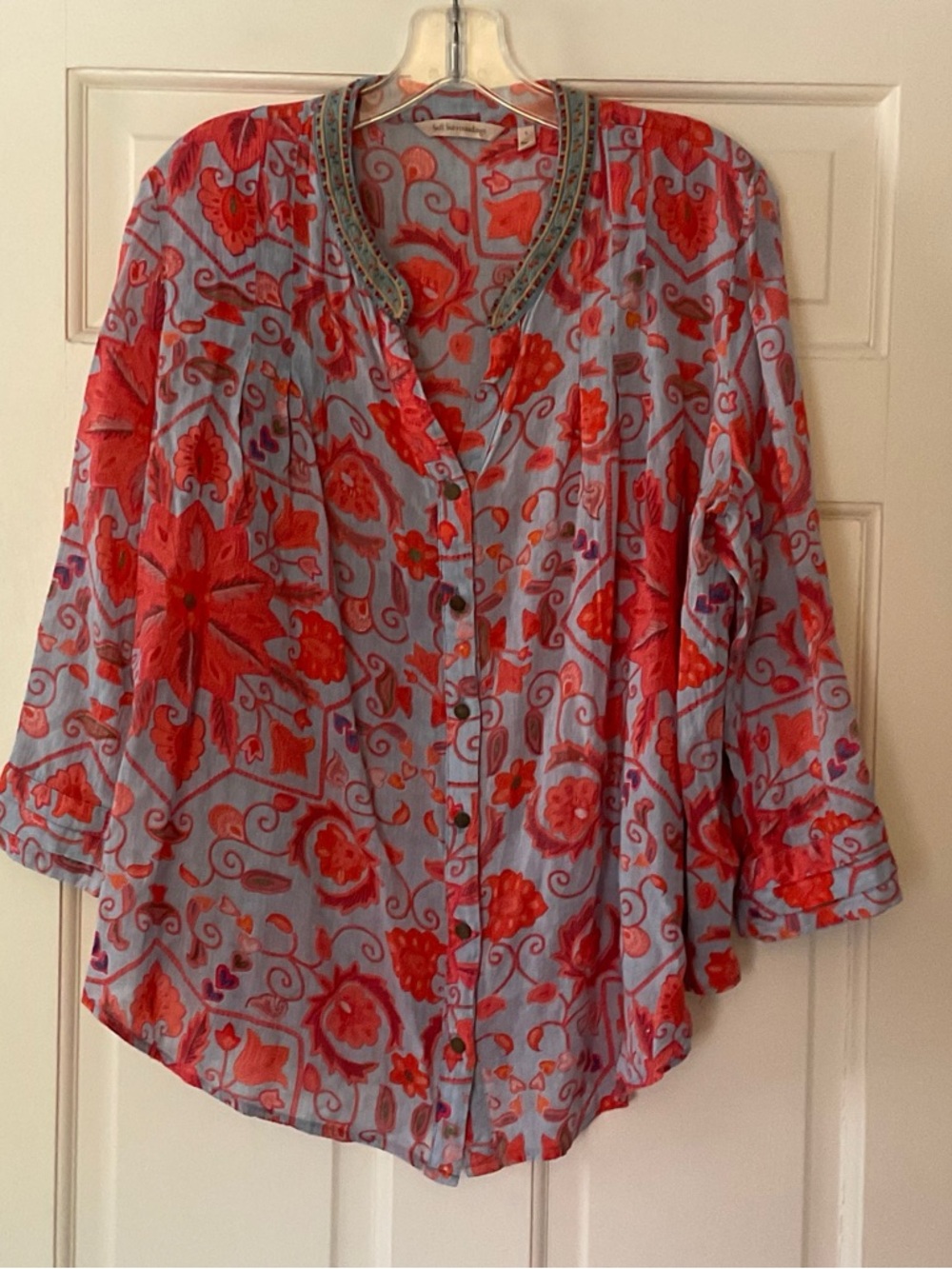 Soft Surroundings Blue Coral Floral Button Up Shirt Blouse Top L Boho Weekend